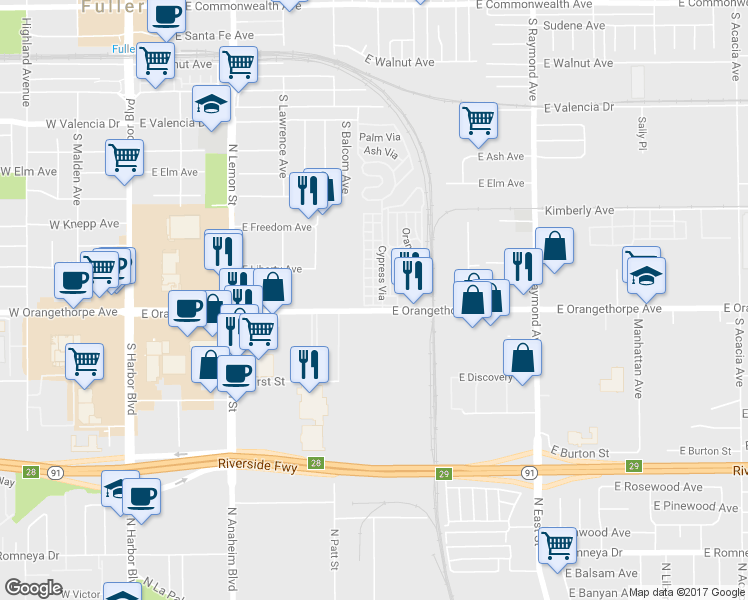 map of restaurants, bars, coffee shops, grocery stores, and more near 8 Spruce Via in Anaheim
