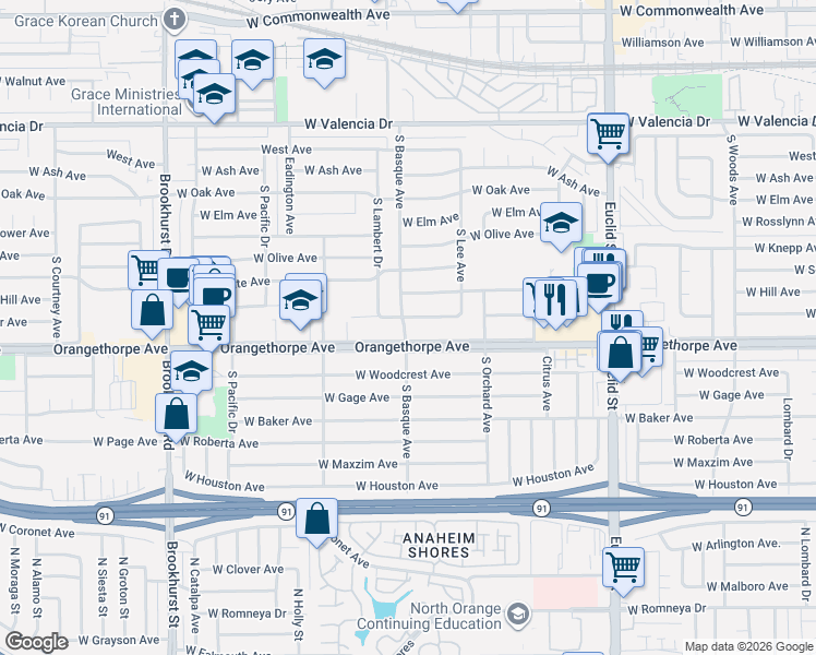 map of restaurants, bars, coffee shops, grocery stores, and more near 1352 West Porter Avenue in Fullerton