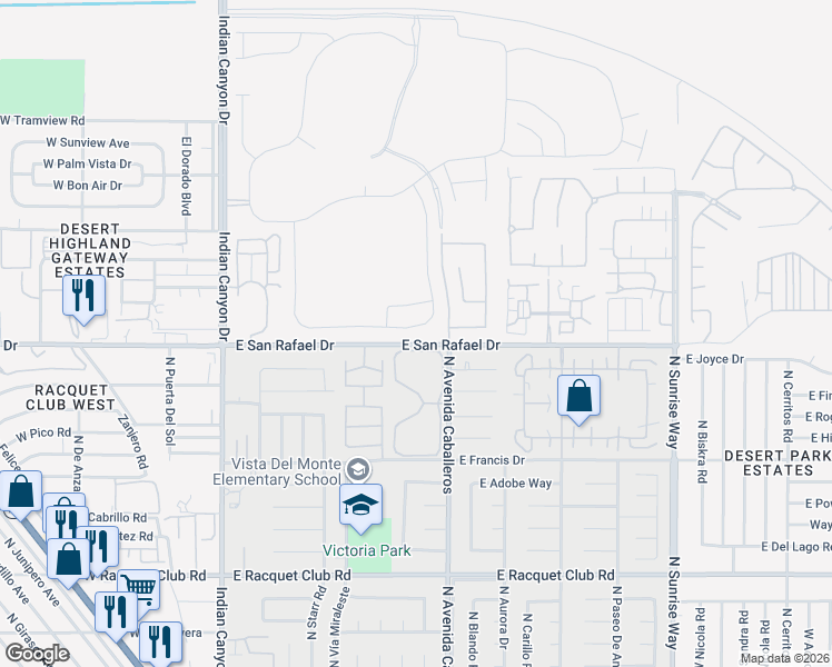 map of restaurants, bars, coffee shops, grocery stores, and more near 841 Fountain Drive in Palm Springs