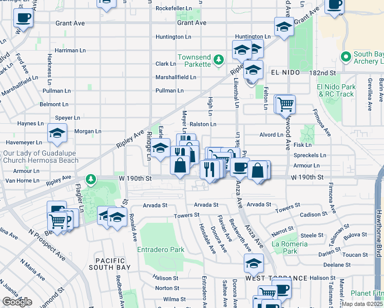 map of restaurants, bars, coffee shops, grocery stores, and more near 632 Meyer Lane in Redondo Beach