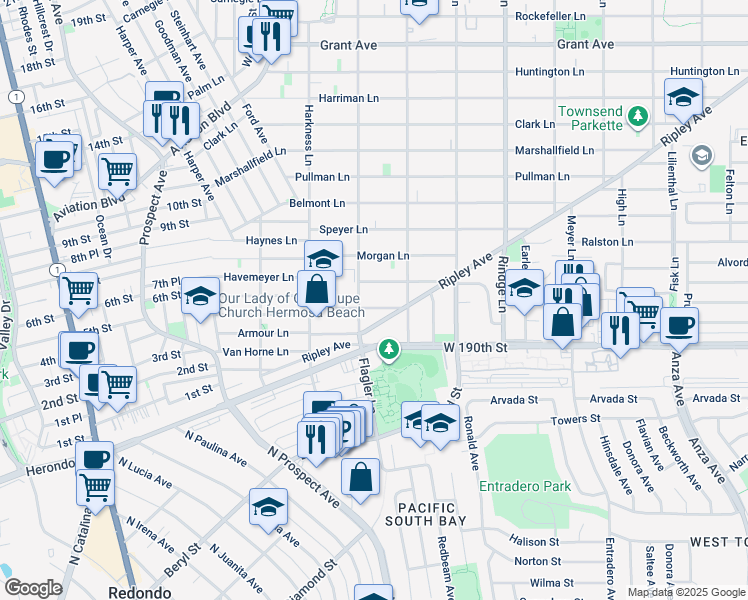 map of restaurants, bars, coffee shops, grocery stores, and more near 1907 Spreckels Lane in Redondo Beach