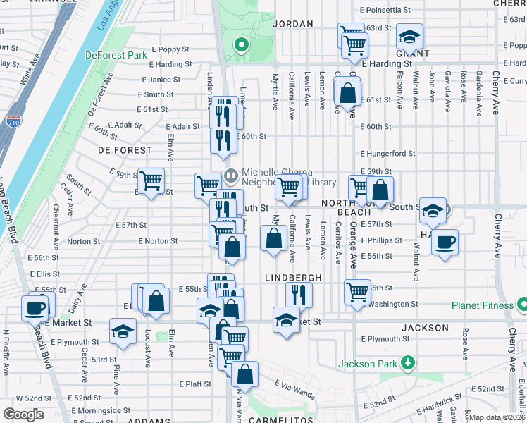 map of restaurants, bars, coffee shops, grocery stores, and more near 5700 Lime Avenue in Long Beach