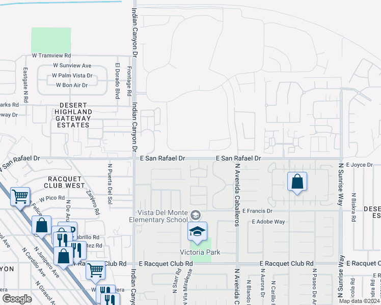 map of restaurants, bars, coffee shops, grocery stores, and more near 565 Fountain Drive in Palm Springs