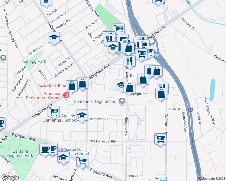 map of restaurants, bars, coffee shops, grocery stores, and more near 1550 Rimpau Avenue in Corona