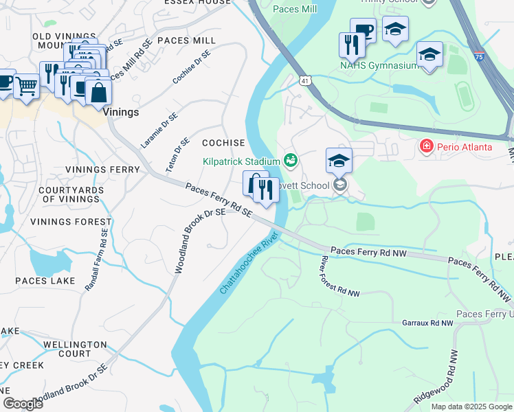 map of restaurants, bars, coffee shops, grocery stores, and more near 4199 Paces Ferry Road Southeast in Atlanta