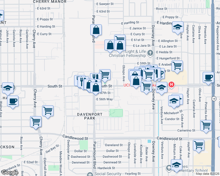 map of restaurants, bars, coffee shops, grocery stores, and more near 6640 North Orizaba Avenue in Long Beach