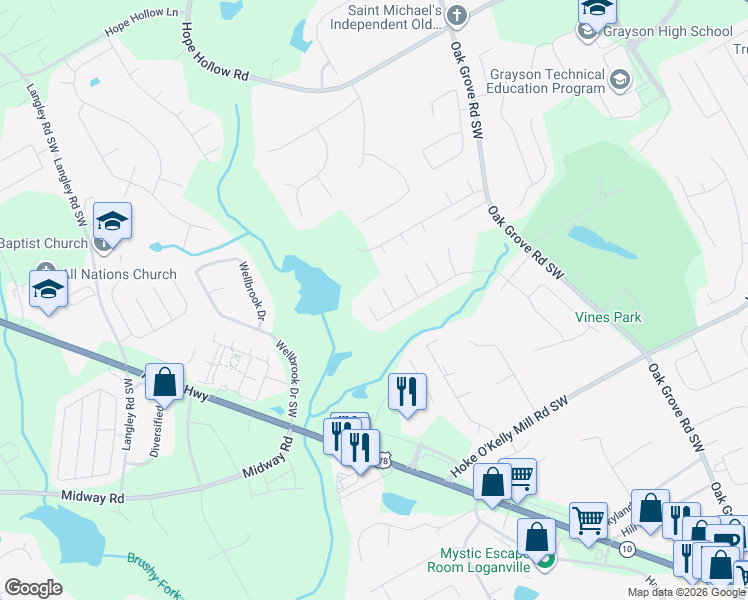 map of restaurants, bars, coffee shops, grocery stores, and more near 3557 Lake Valley Court Southwest in Loganville