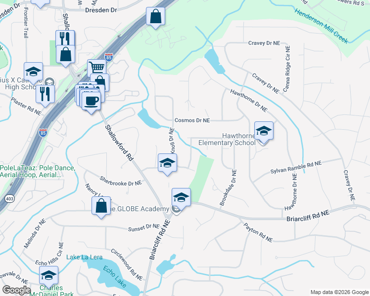 map of restaurants, bars, coffee shops, grocery stores, and more near 2525 Flair Knoll Drive Northeast in Atlanta