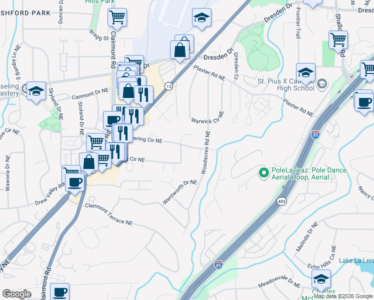 map of restaurants, bars, coffee shops, grocery stores, and more near 2095 Capehart Circle Northeast in Atlanta