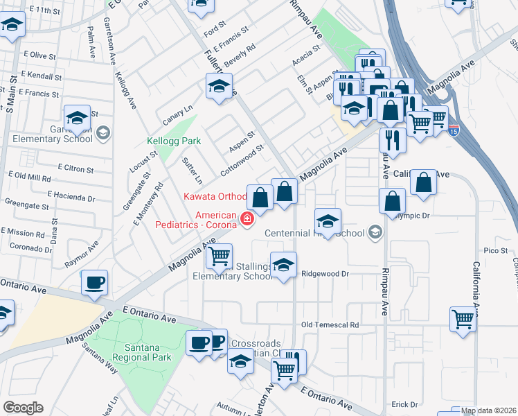map of restaurants, bars, coffee shops, grocery stores, and more near 808 Magnolia Avenue in Corona