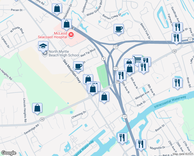 map of restaurants, bars, coffee shops, grocery stores, and more near 4255 Park Way Lane in Little River