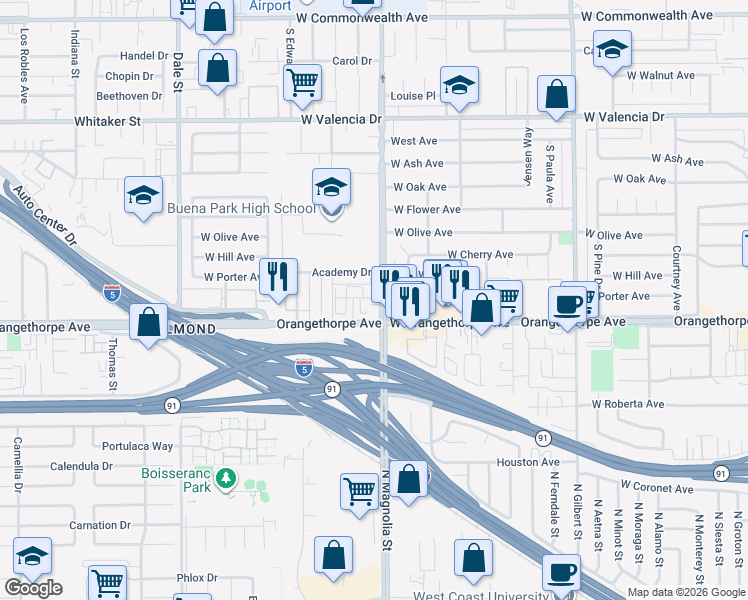 map of restaurants, bars, coffee shops, grocery stores, and more near 6972 Sagebrush Circle in Buena Park