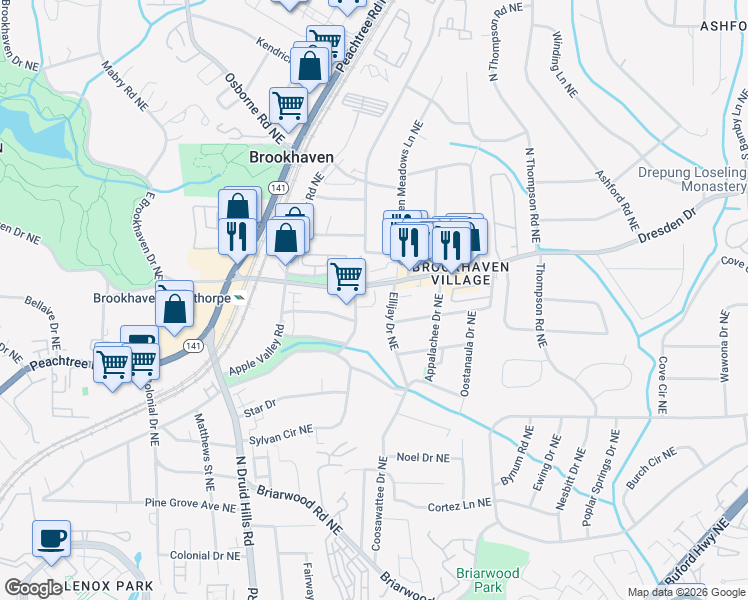 map of restaurants, bars, coffee shops, grocery stores, and more near 2516 Ellijay Drive Northeast in Atlanta