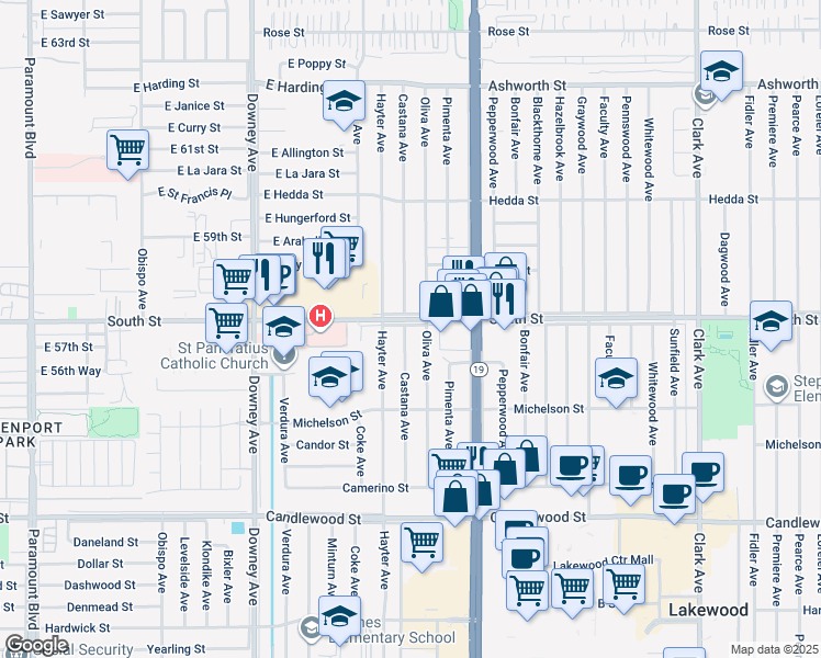 map of restaurants, bars, coffee shops, grocery stores, and more near 5744 Castana Avenue in Lakewood