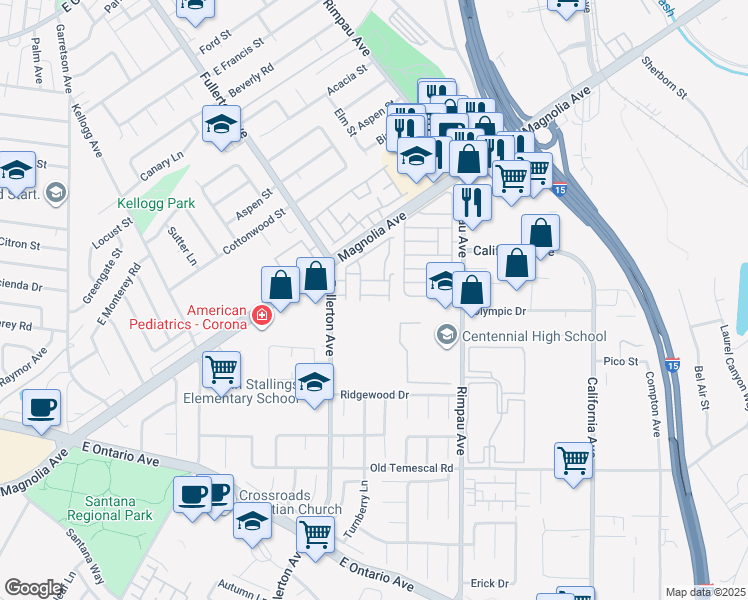 map of restaurants, bars, coffee shops, grocery stores, and more near 956 Michael Place in Corona