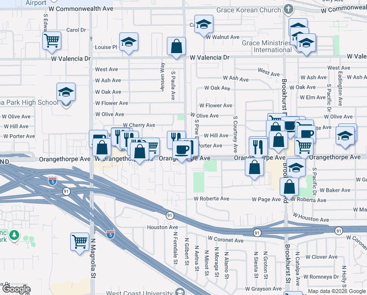 map of restaurants, bars, coffee shops, grocery stores, and more near 2207 West Orangethorpe Avenue in Fullerton