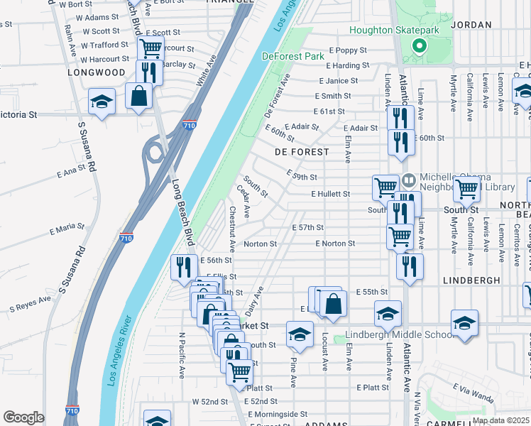 map of restaurants, bars, coffee shops, grocery stores, and more near 5737 Jaymills Avenue in Long Beach