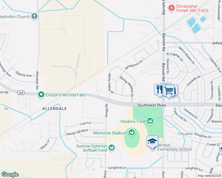 map of restaurants, bars, coffee shops, grocery stores, and more near 4614 Misty Valley West in Wichita Falls