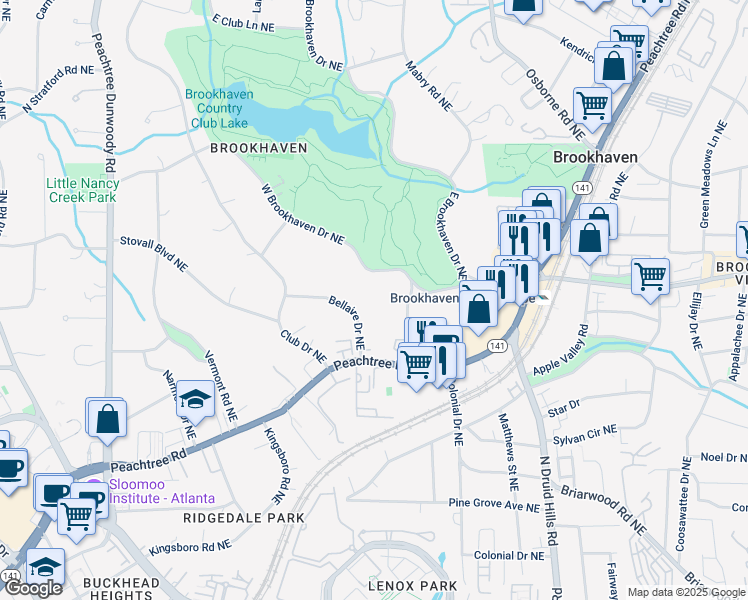 map of restaurants, bars, coffee shops, grocery stores, and more near 1228 Bellaire Drive Northeast in Brookhaven