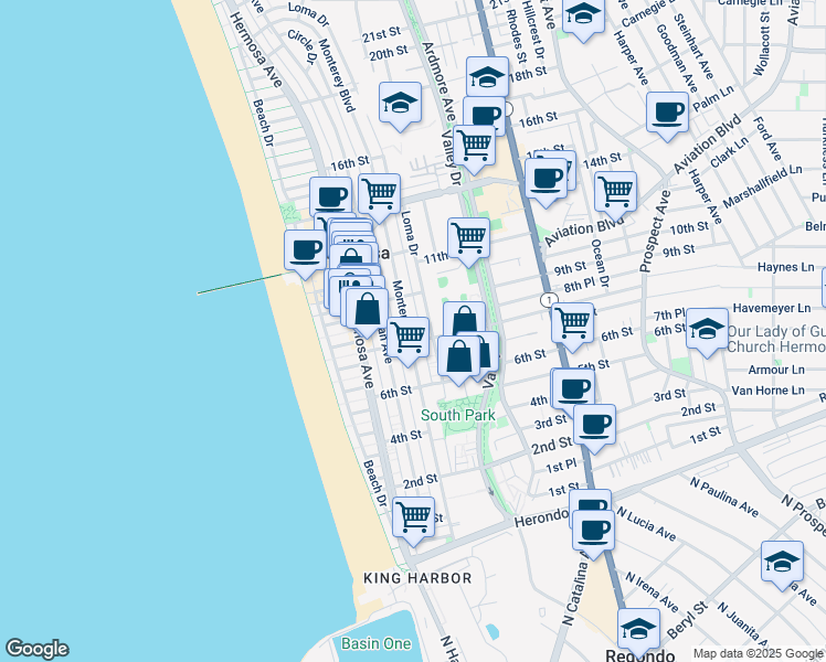 map of restaurants, bars, coffee shops, grocery stores, and more near 751 Loma Drive in Hermosa Beach