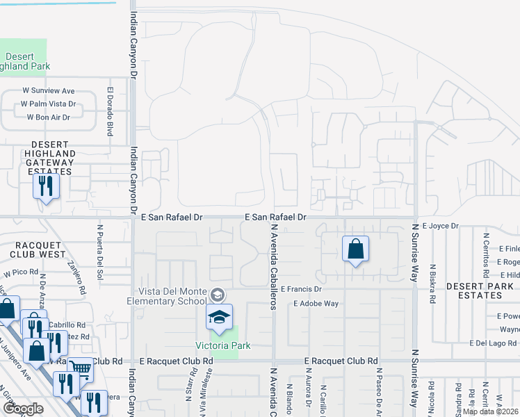 map of restaurants, bars, coffee shops, grocery stores, and more near 885 Fountain Drive in Palm Springs