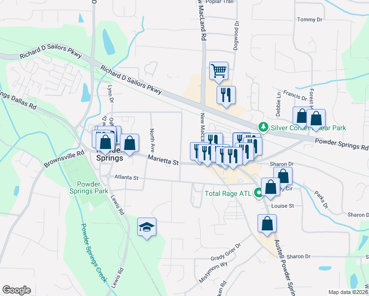 map of restaurants, bars, coffee shops, grocery stores, and more near 4330 North Avenue in Powder Springs
