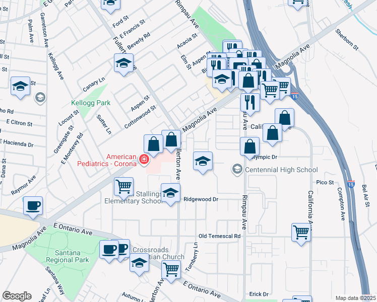 map of restaurants, bars, coffee shops, grocery stores, and more near 1820 Rimpau Avenue in Corona