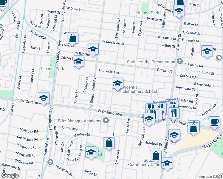 map of restaurants, bars, coffee shops, grocery stores, and more near 2038 South Vicentia Avenue in Corona