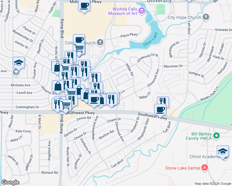 map of restaurants, bars, coffee shops, grocery stores, and more near 2902 Loma Linda Lane in Wichita Falls