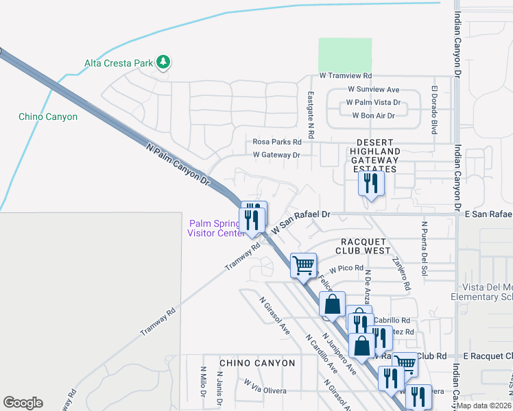 map of restaurants, bars, coffee shops, grocery stores, and more near 701 Los Felices Circle West in Palm Springs