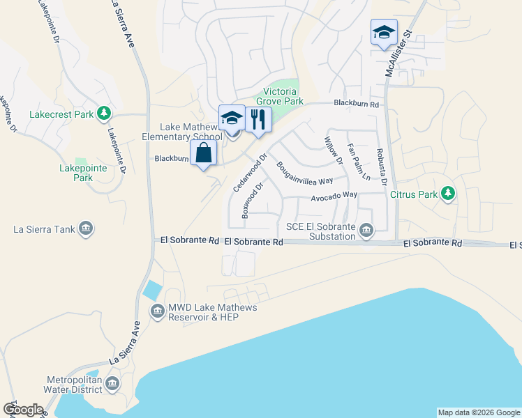 map of restaurants, bars, coffee shops, grocery stores, and more near 12390 Jacaranda Way in Riverside