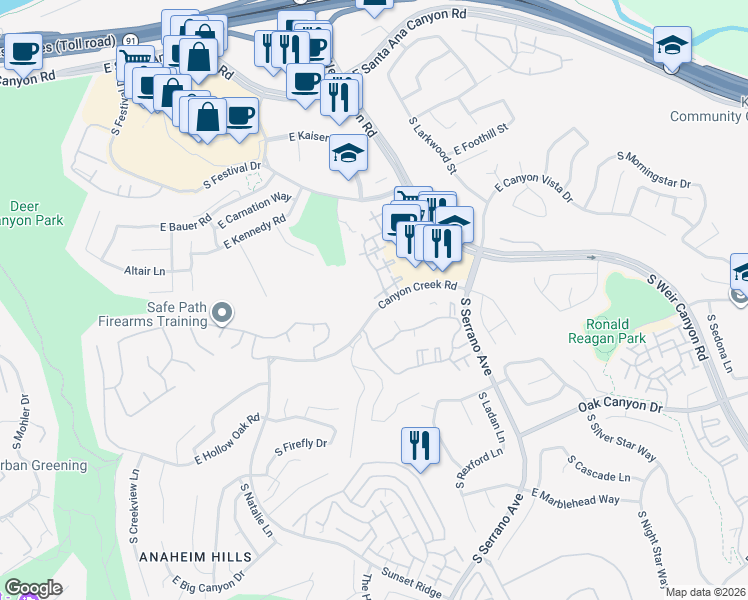 map of restaurants, bars, coffee shops, grocery stores, and more near 8000 East Snapdragon Lane in Anaheim