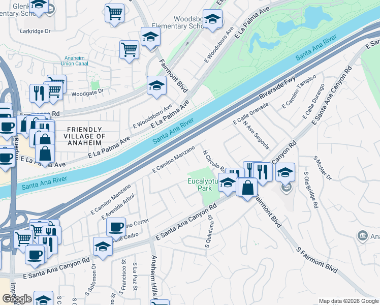 map of restaurants, bars, coffee shops, grocery stores, and more near 262 North Paseo De Juan in Anaheim