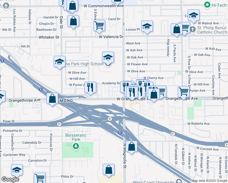 map of restaurants, bars, coffee shops, grocery stores, and more near 6983 Cottonwood Lane in Buena Park