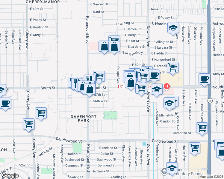 map of restaurants, bars, coffee shops, grocery stores, and more near 5740 Acacia Lane in Lakewood