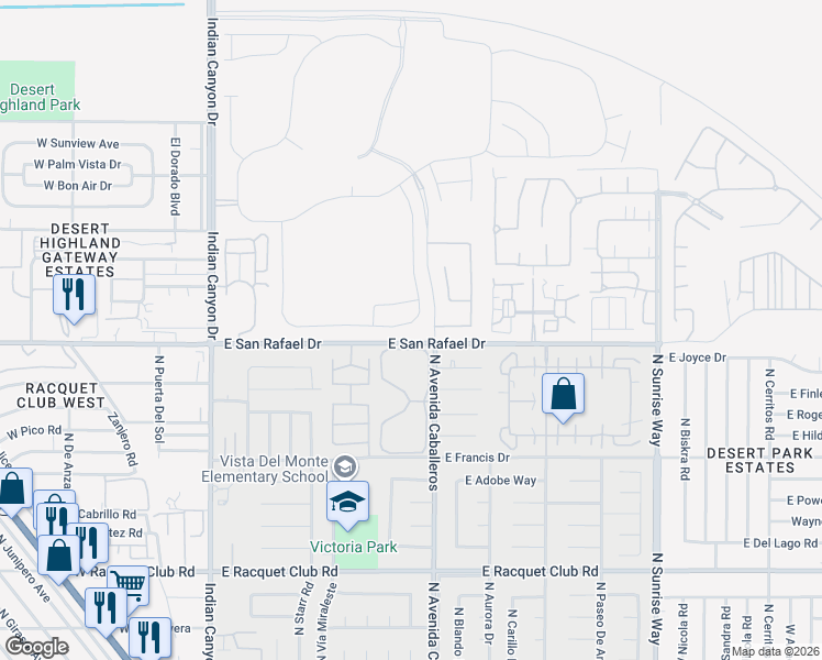 map of restaurants, bars, coffee shops, grocery stores, and more near 885 Fountain Drive in Palm Springs