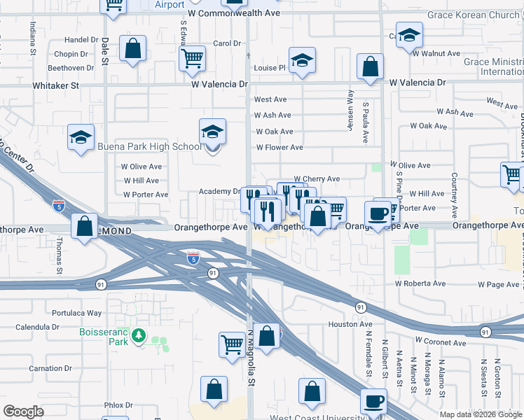 map of restaurants, bars, coffee shops, grocery stores, and more near 2700 West Porter Avenue in Fullerton