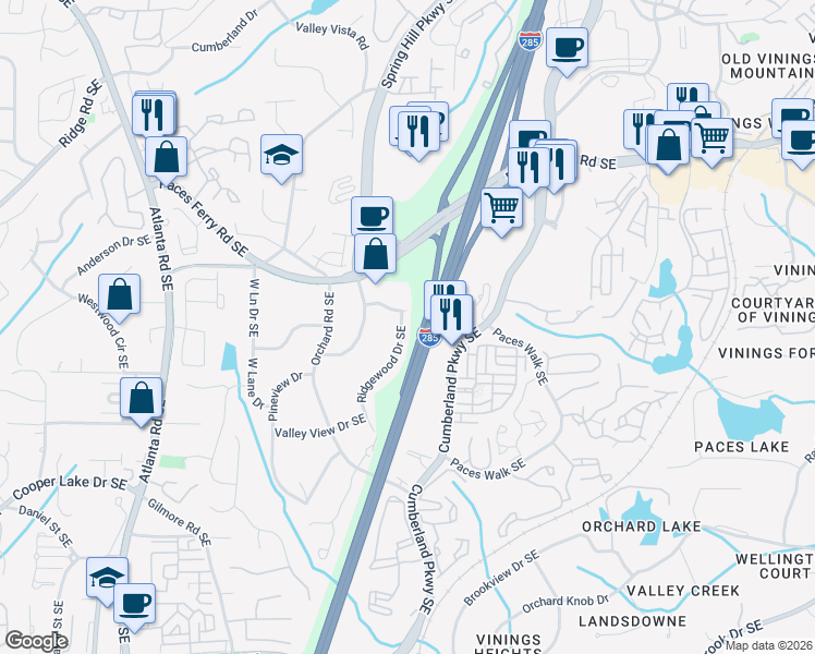 map of restaurants, bars, coffee shops, grocery stores, and more near 3861 Ridgewood Drive Southeast in Smyrna