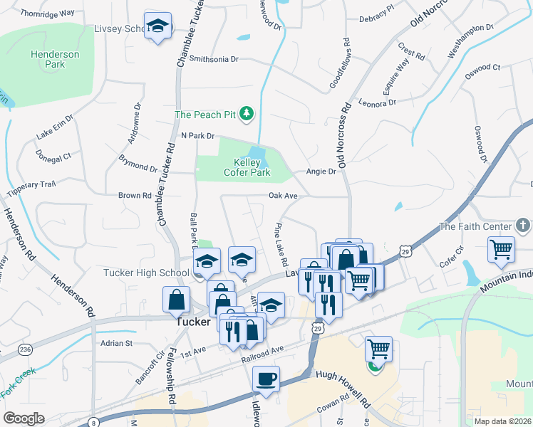 map of restaurants, bars, coffee shops, grocery stores, and more near 4309 Lehaven Circle in Tucker