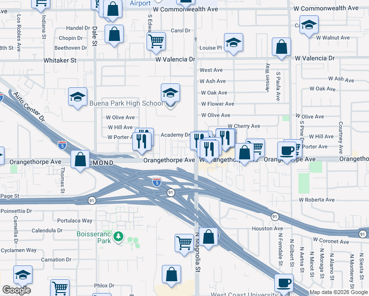 map of restaurants, bars, coffee shops, grocery stores, and more near 6958 Crimson Drive in Buena Park