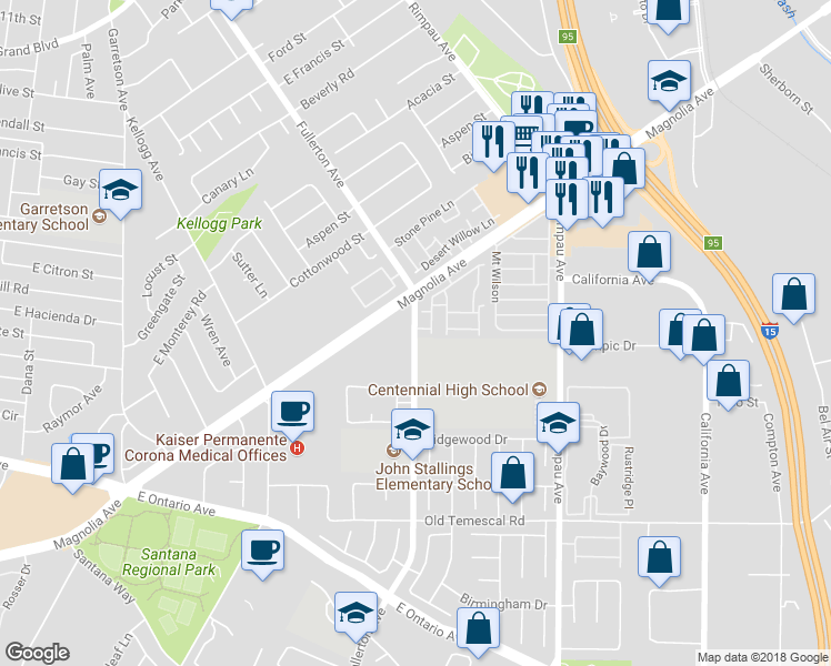 map of restaurants, bars, coffee shops, grocery stores, and more near 1835 Fullerton Avenue in Corona