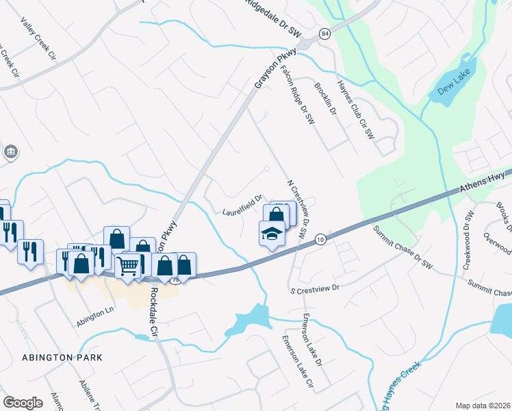 map of restaurants, bars, coffee shops, grocery stores, and more near 2628 Downingwood Lane Southwest in Grayson