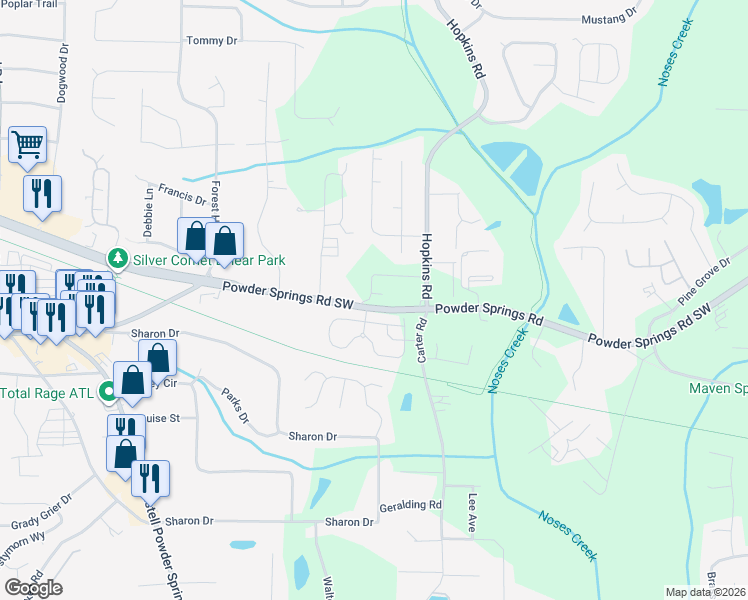 map of restaurants, bars, coffee shops, grocery stores, and more near 3625 Powder Springs Road Southwest in Powder Springs