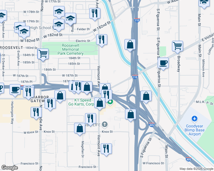 map of restaurants, bars, coffee shops, grocery stores, and more near 879 West 190th Street in Gardena