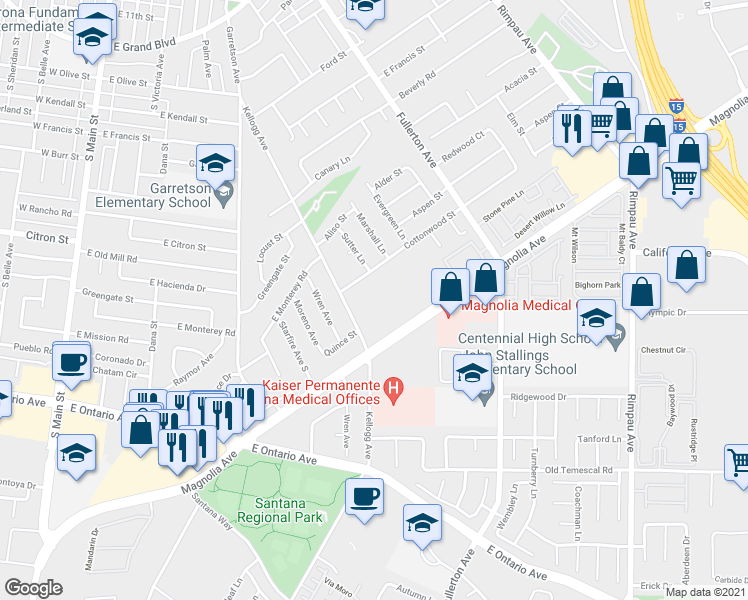 map of restaurants, bars, coffee shops, grocery stores, and more near 1925 Kellogg Avenue in Corona
