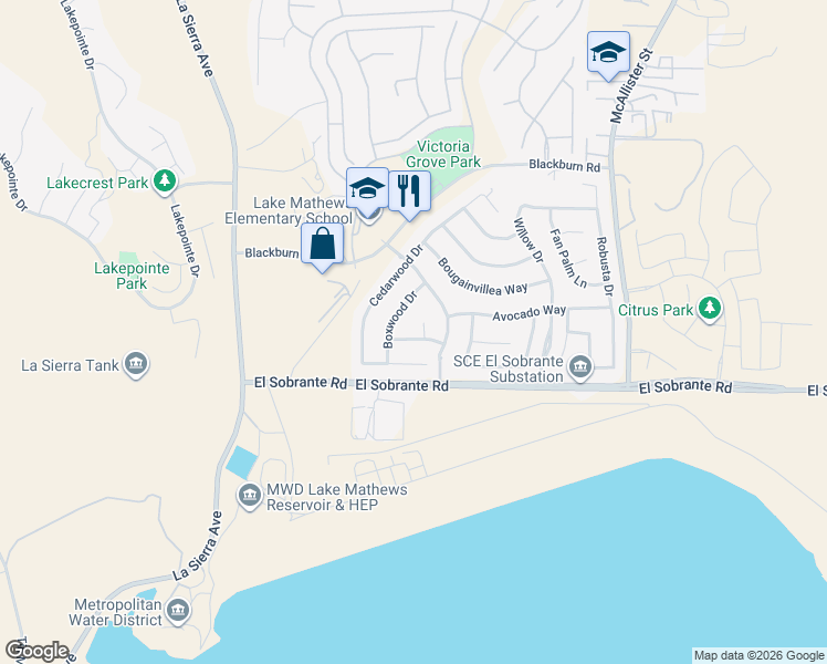 map of restaurants, bars, coffee shops, grocery stores, and more near 12381 Jacaranda Way in Riverside