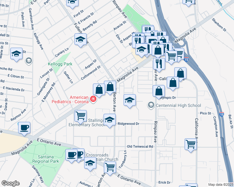 map of restaurants, bars, coffee shops, grocery stores, and more near 1810 Fullerton Avenue in Corona