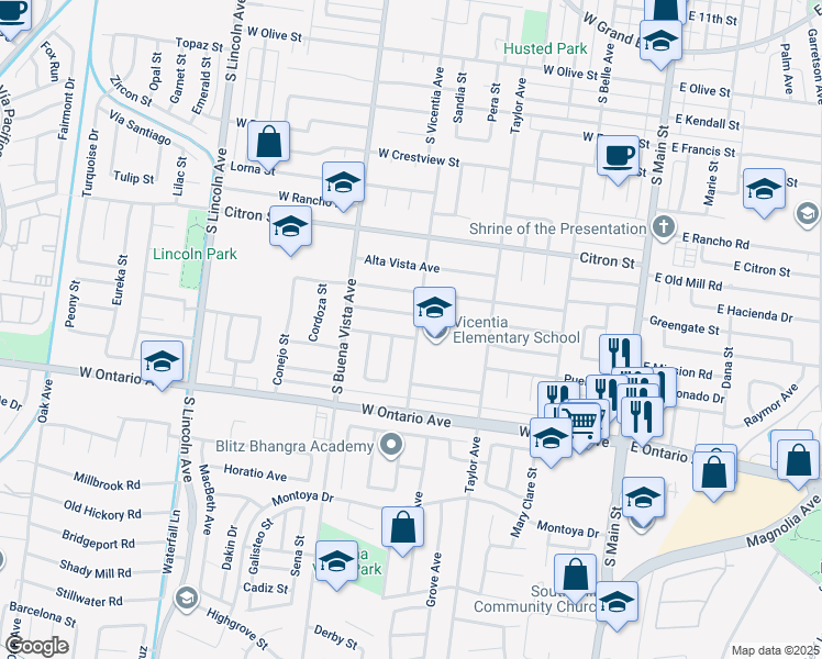 map of restaurants, bars, coffee shops, grocery stores, and more near 2038 South Vicentia Avenue in Corona