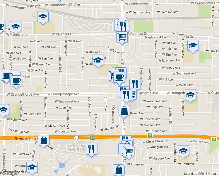 map of restaurants, bars, coffee shops, grocery stores, and more near 1043 West Orangethorpe Avenue in Fullerton