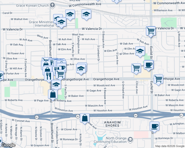 map of restaurants, bars, coffee shops, grocery stores, and more near 1461 West Orangethorpe Avenue in Fullerton